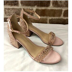BETSEY JOHNSON Mari Pink Satin Rhinestone Open Toe Sandals Block Heel Size 8M